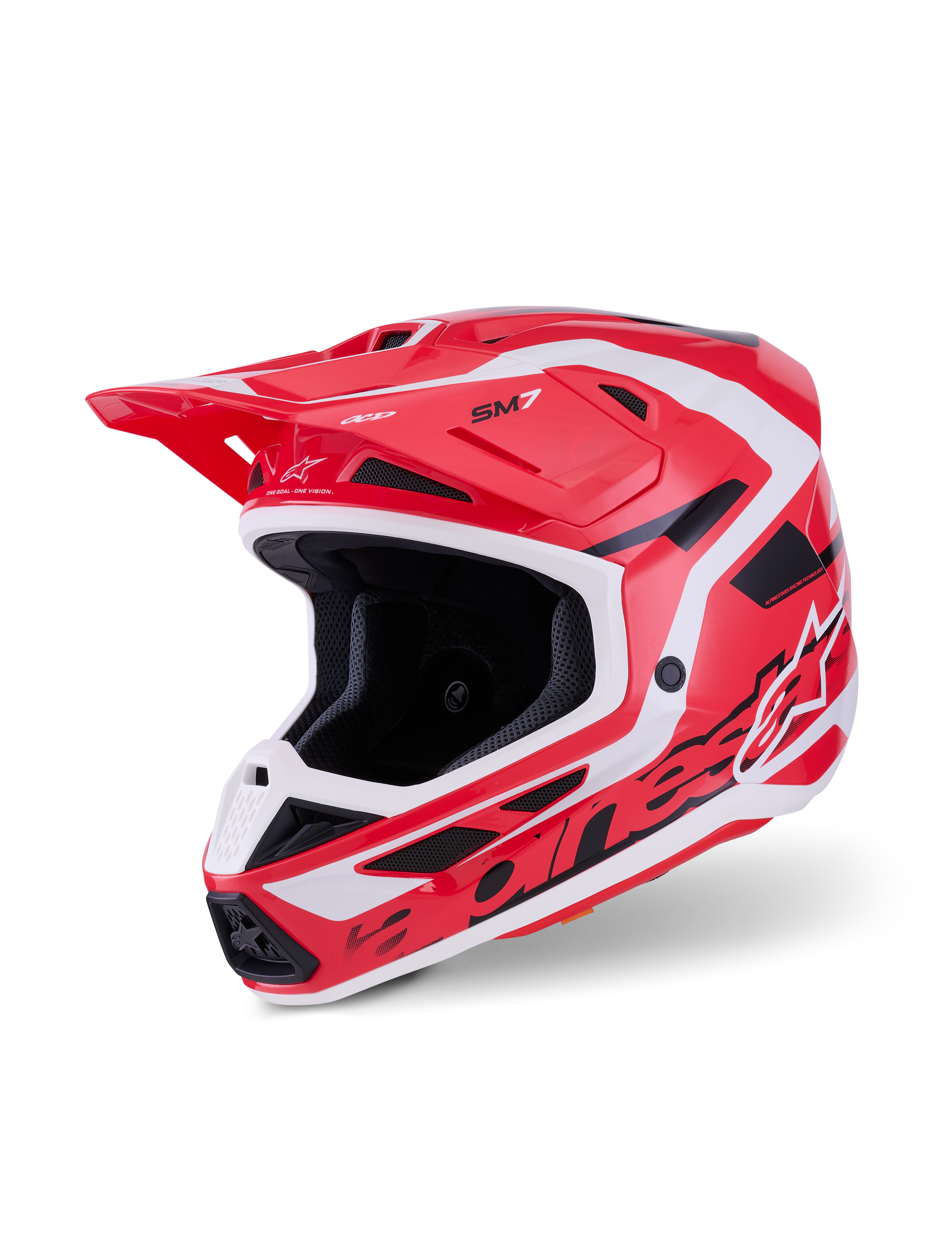 Casco Alpinestars S-M7 Deed, casco de motocross, rojo, negro y blanco brillante, con una calota aerodinámica elegante y logotipos llamativos, puertos de ventilación integrados y una visera protectora para carreras off-road