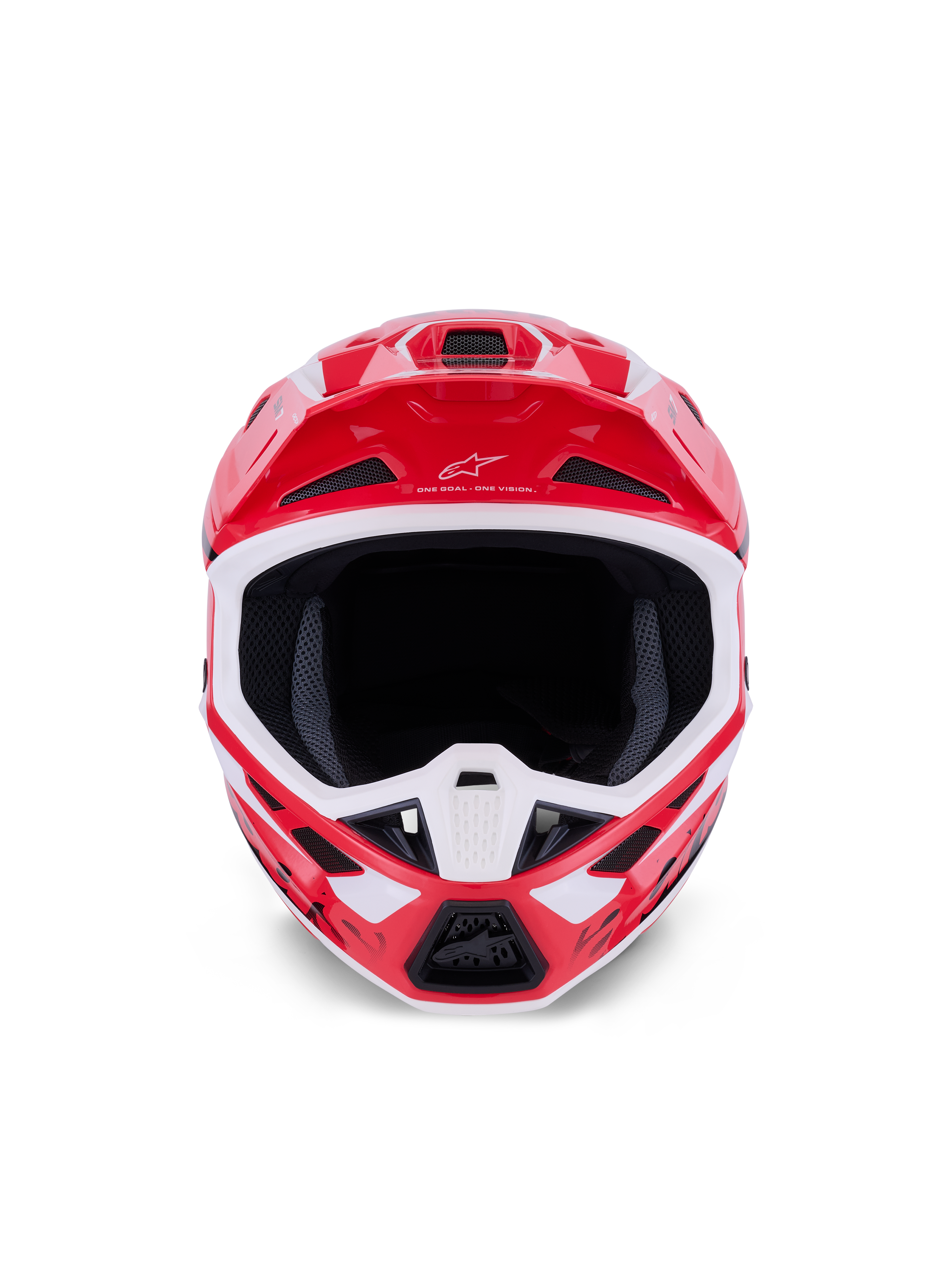 Casco Alpinestars S-M7 Deed, casco de motocross, rojo, negro y blanco con acabado brillante, vista frontal que muestra la amplia apertura para los ojos y la mentonera ventilada, con el logo y el lema de Alpinestars en la visera, diseñado para brindar protección en carreras todoterreno