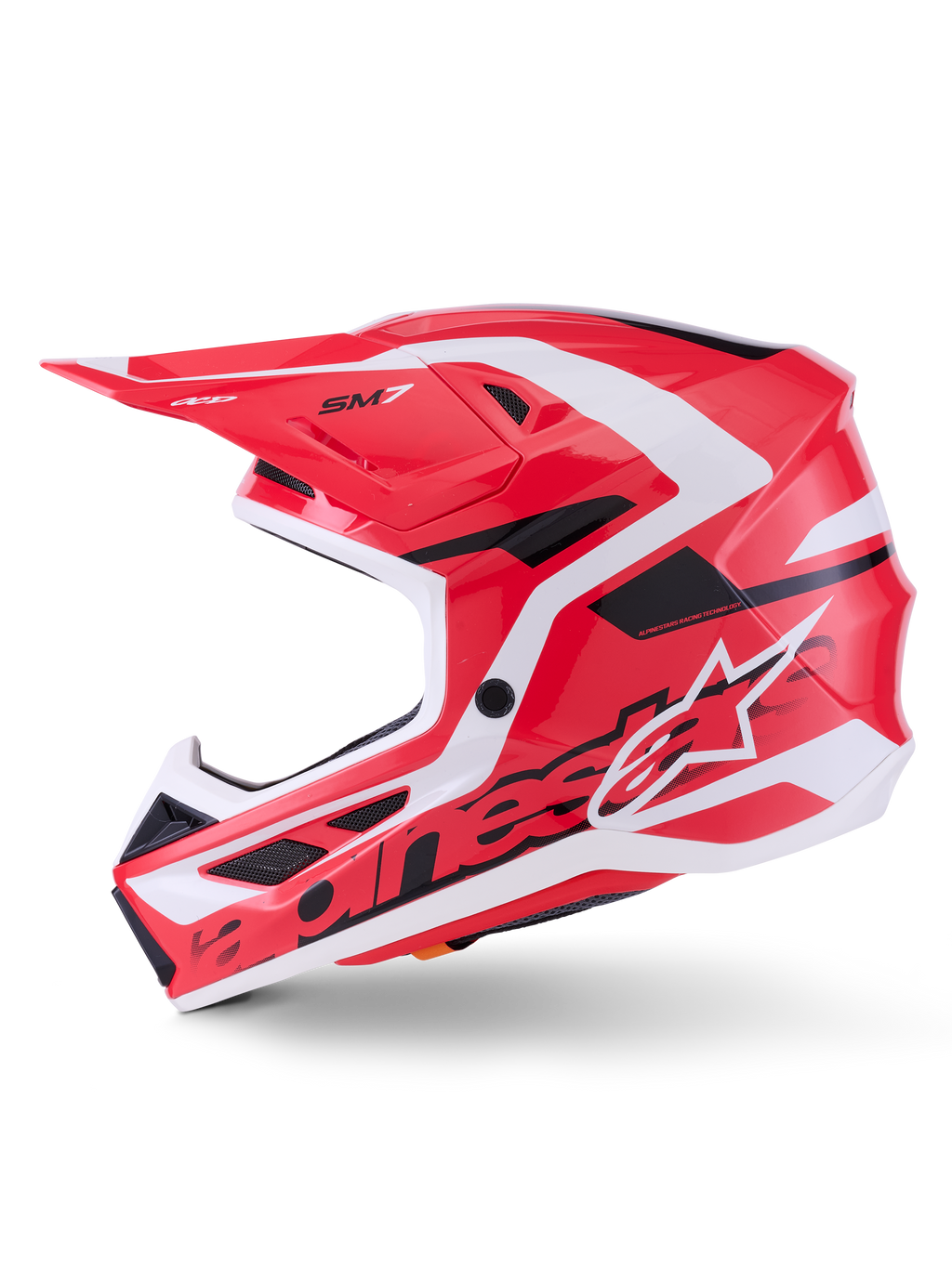 Alpinestars S-M7 Deed Helmet ECE 22.06, casco de motocross, rojo, negro y blanco brillante, vista de perfil lateral que muestra la calota aerodinámica de material compuesto, los puertos de ventilación y el logotipo de Alpinestars, diseñado para la protección en carreras off-road