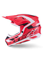 Alpinestars S-M7 Deed Helmet ECE 22.06, casco de motocross, rojo, negro y blanco brillante, vista de perfil lateral que muestra la calota aerodinámica de material compuesto, los puertos de ventilación y el logotipo de Alpinestars, diseñado para la protección en carreras off-road