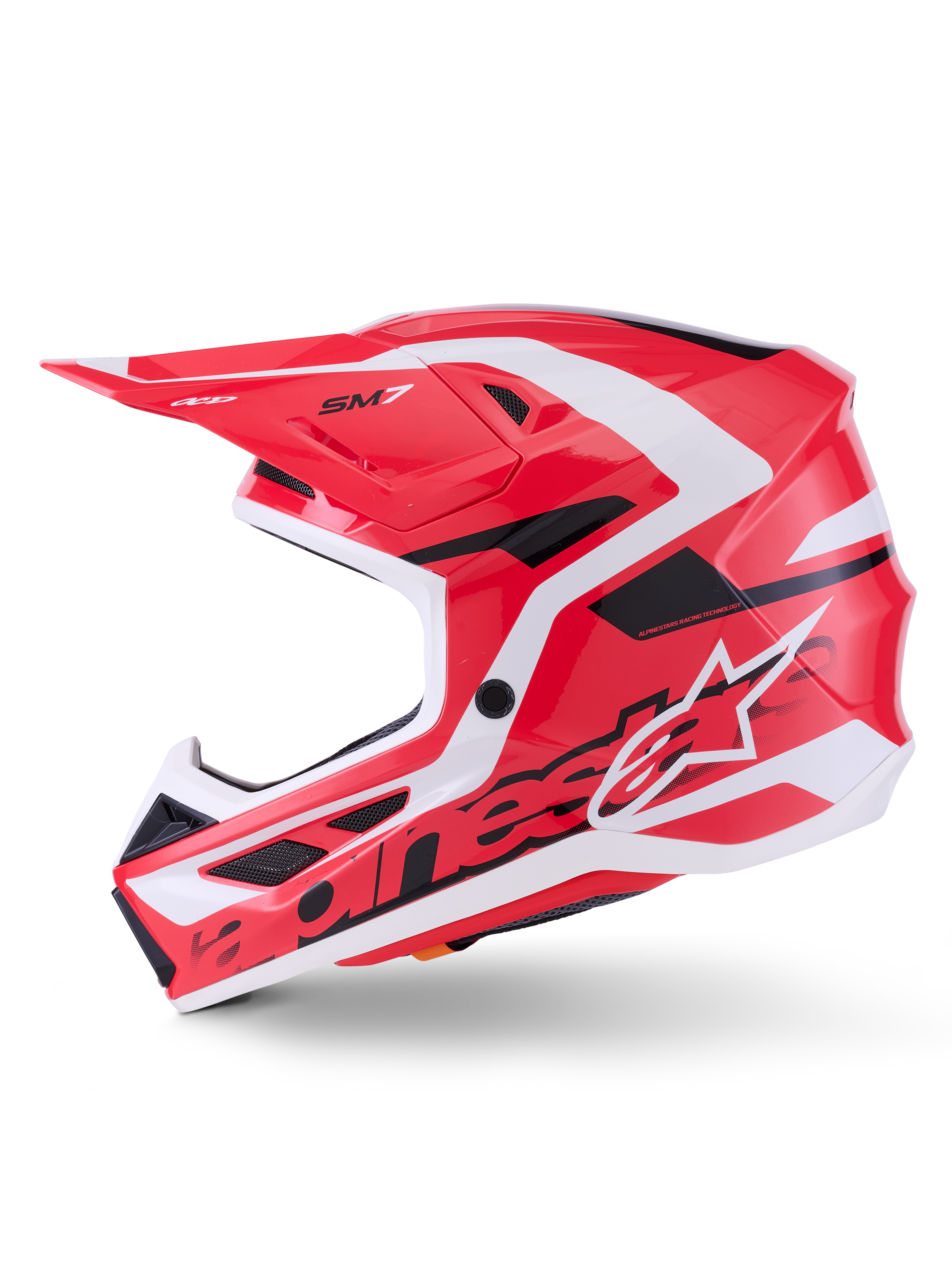 Alpinestars S-M7 Deed Helmet ECE 22.06, casco de motocross, rojo, negro y blanco brillante, vista de perfil lateral que muestra la calota aerodinámica de material compuesto, los puertos de ventilación y el logotipo de Alpinestars, diseñado para la protección en carreras off-road