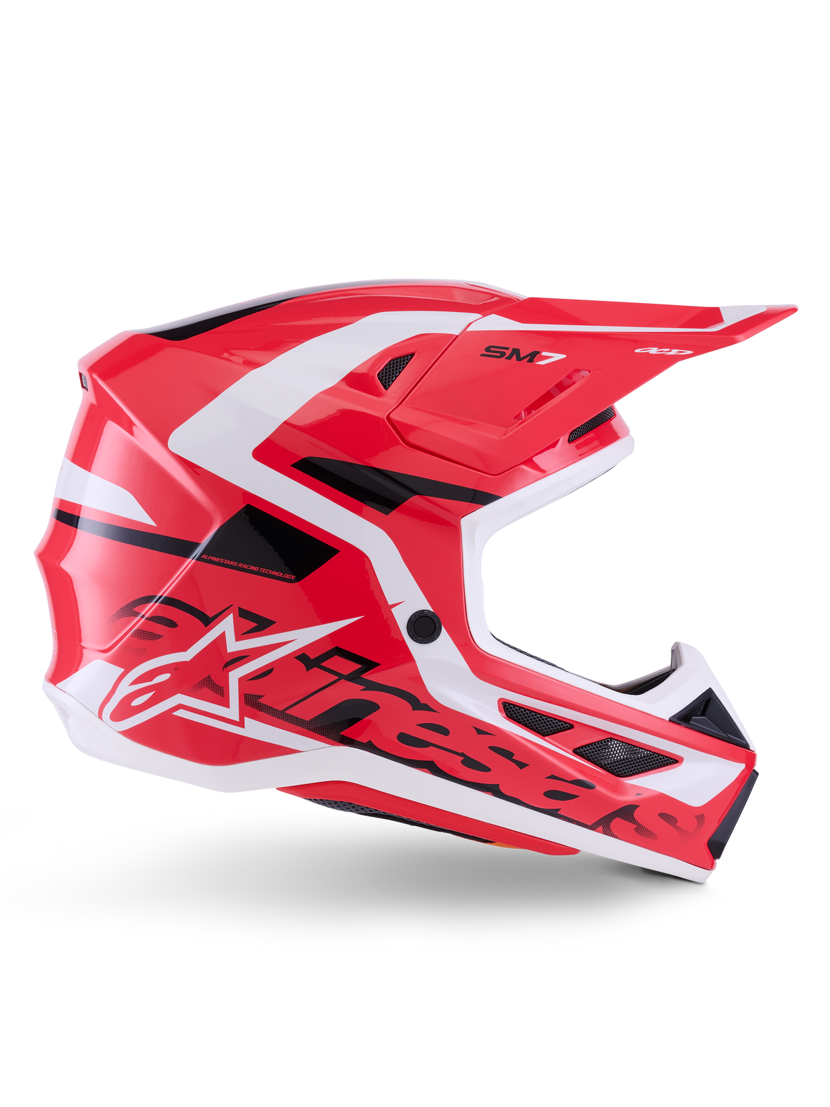 Alpinestars S-M7 Deed Helmet, Motocross Helmet, Red Black and White Glossy, side profile view, featuring bold Alpinestars branding and SM7 logo, aerodynamic composite shell with multiple ventilation ports, designed for off-road and motocross racing