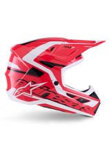 Casco Alpinestars S-M7 Deed, casco de motocross, rojo, negro y blanco brillante, vista de perfil lateral, con logotipos destacados de Alpinestars y el logo SM7, carcasa aerodinámica de material compuesto con múltiples puertos de ventilación, diseñado para carreras de motocross y off-road