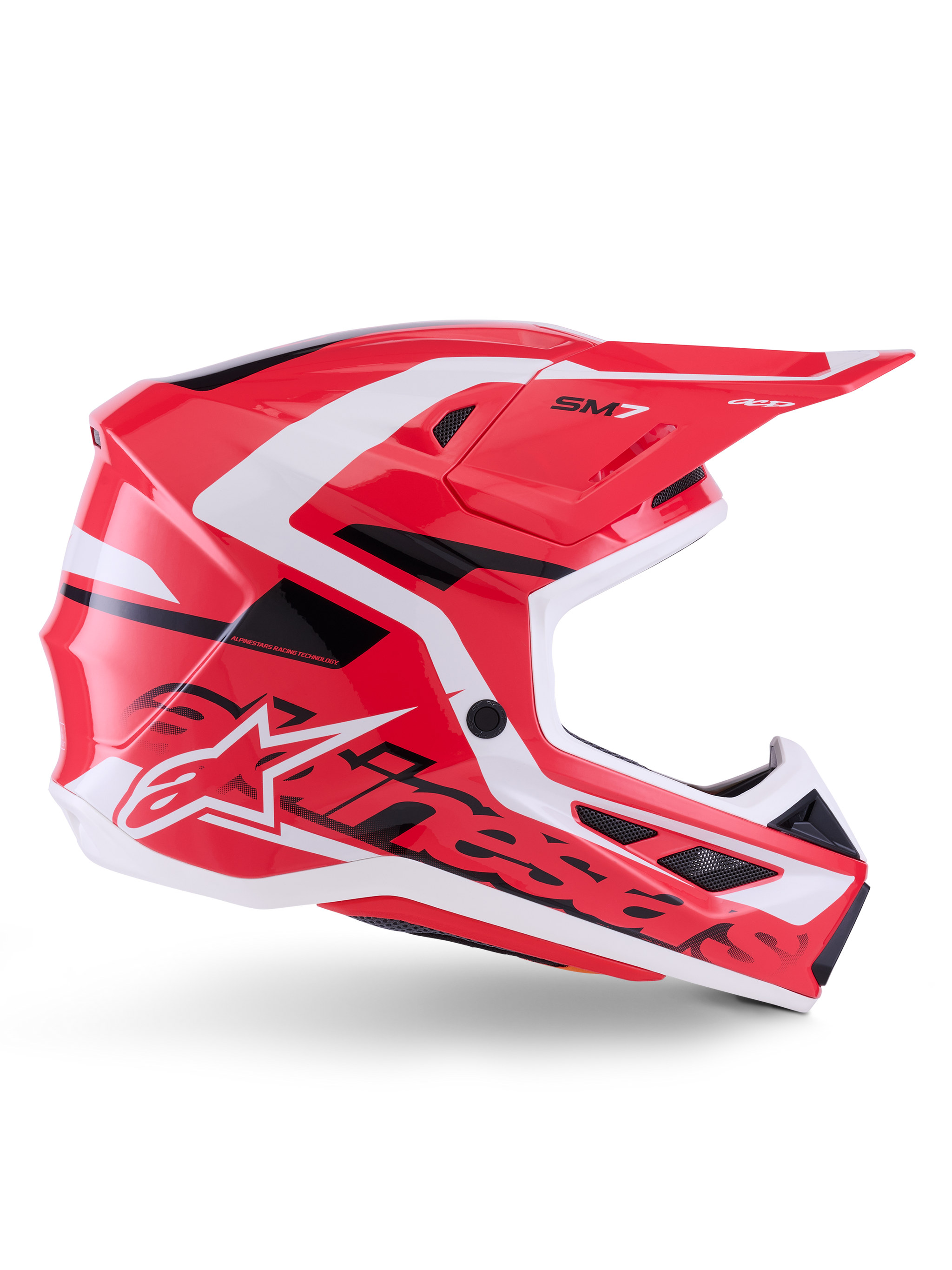 Casco Alpinestars S-M7 Deed, casco de motocross, rojo, negro y blanco brillante, vista de perfil lateral, con logotipos destacados de Alpinestars y el logo SM7, carcasa aerodinámica de material compuesto con múltiples puertos de ventilación, diseñado para carreras de motocross y off-road
