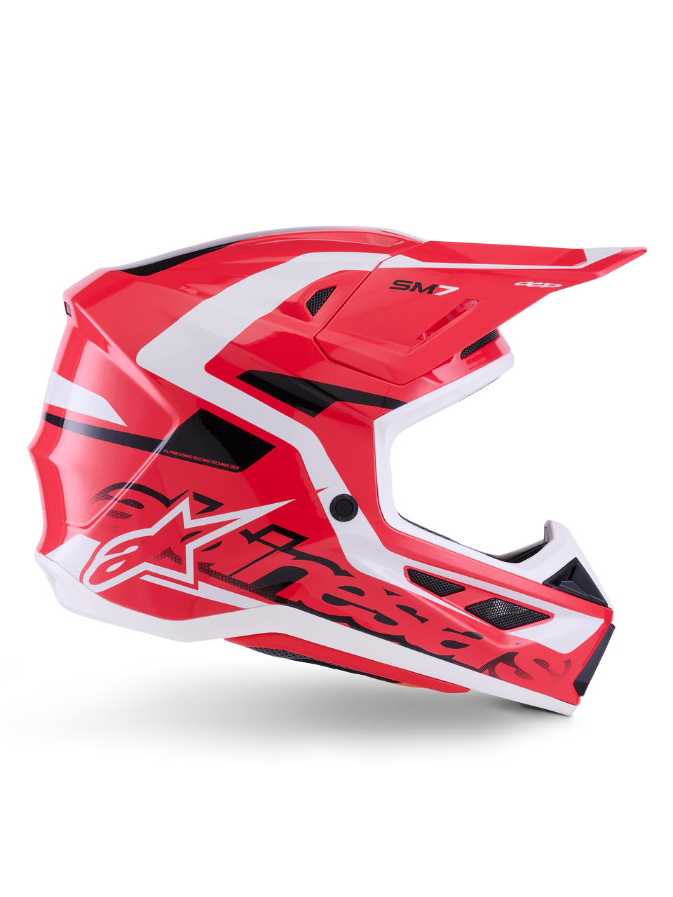 Casco Alpinestars S-M7 Deed, casco de motocross, rojo, negro y blanco brillante, vista de perfil lateral, con logotipos destacados de Alpinestars y el logo SM7, carcasa aerodinámica de material compuesto con múltiples puertos de ventilación, diseñado para carreras de motocross y off-road