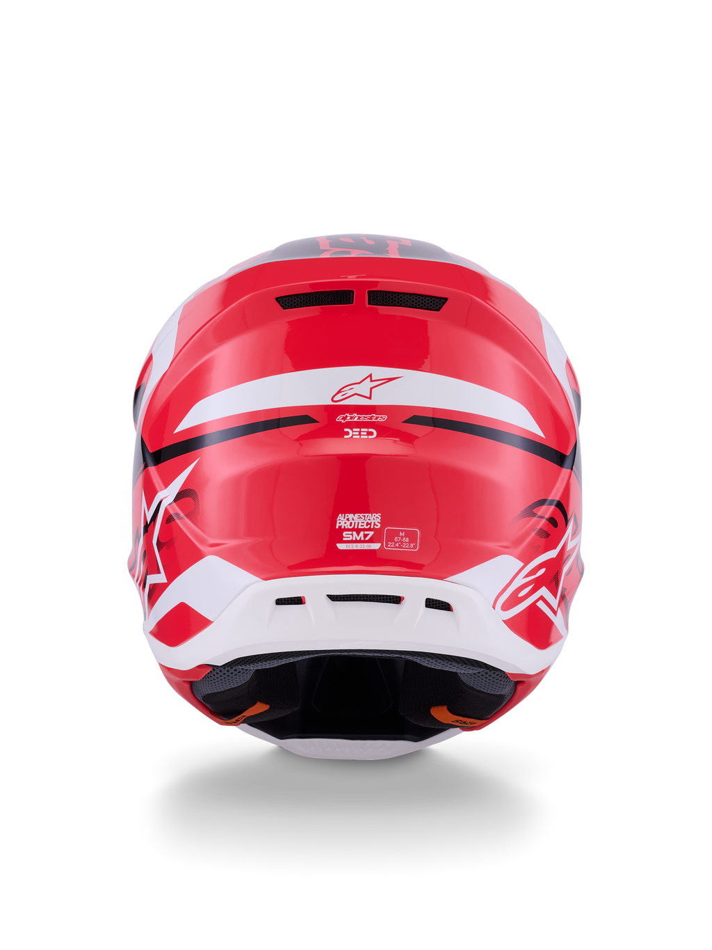 Casco Alpinestars S-M7 Deed, vista trasera, rojo, negro y blanco brillante, con calota aerodinámica de compuesto, salidas de aire traseras y marca Alpinestars, protección profesional para la cabeza en motocross
