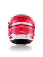 Casco Alpinestars S-M7 Deed, vista trasera, rojo, negro y blanco brillante, con calota aerodinámica de compuesto, salidas de aire traseras y marca Alpinestars, protección profesional para la cabeza en motocross