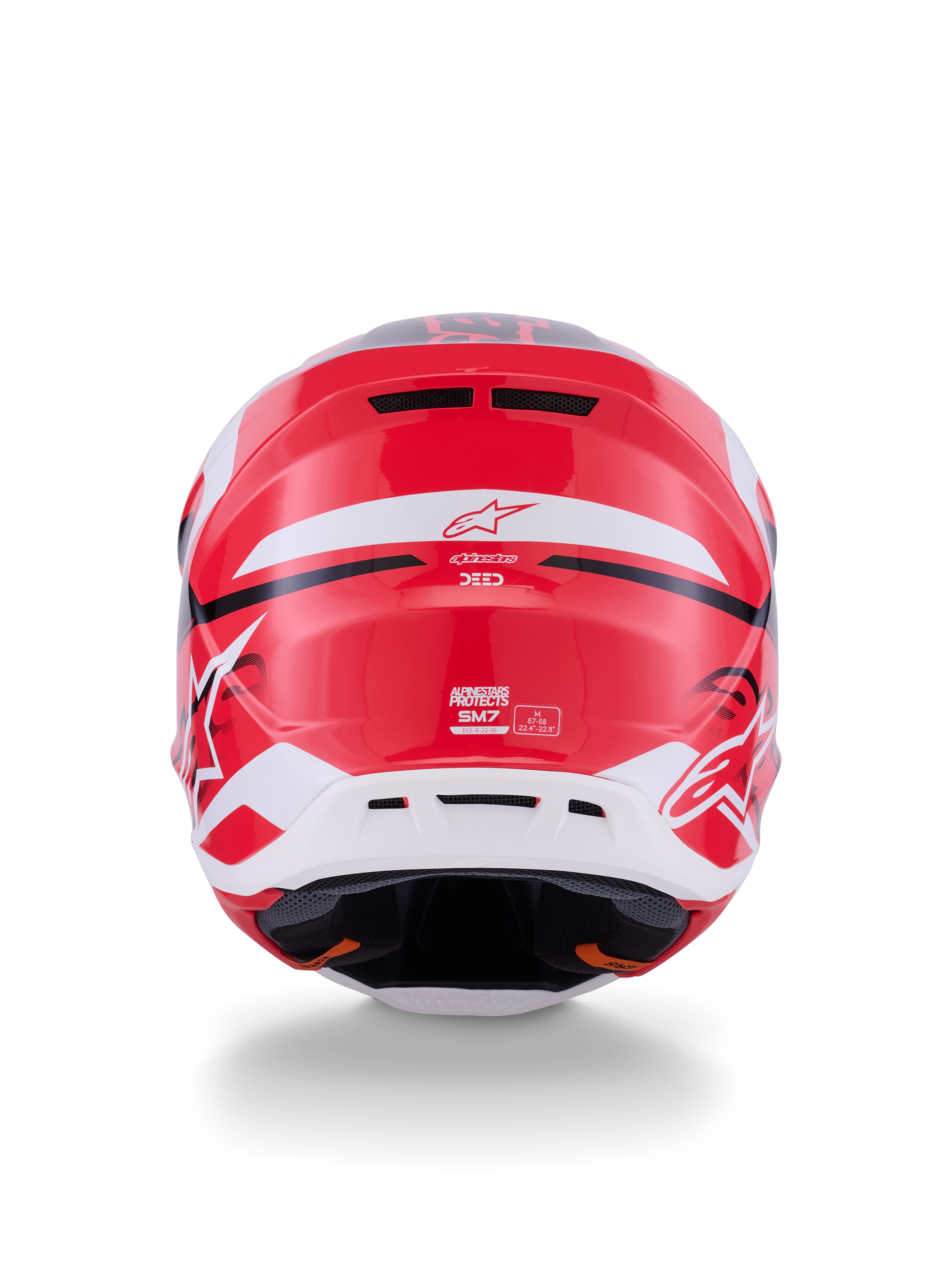 Casco Alpinestars S-M7 Deed, vista trasera, rojo, negro y blanco brillante, con calota aerodinámica de compuesto, salidas de aire traseras y marca Alpinestars, protección profesional para la cabeza en motocross