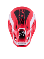 Casco Alpinestars S-M7 Deed, casco de motocross, rojo, negro y blanco brillante, vista superior que muestra la carcasa aerodinámica de material compuesto y los puertos de ventilación, con el logotipo de Astars y una marca llamativa, equipo profesional de competición off-road