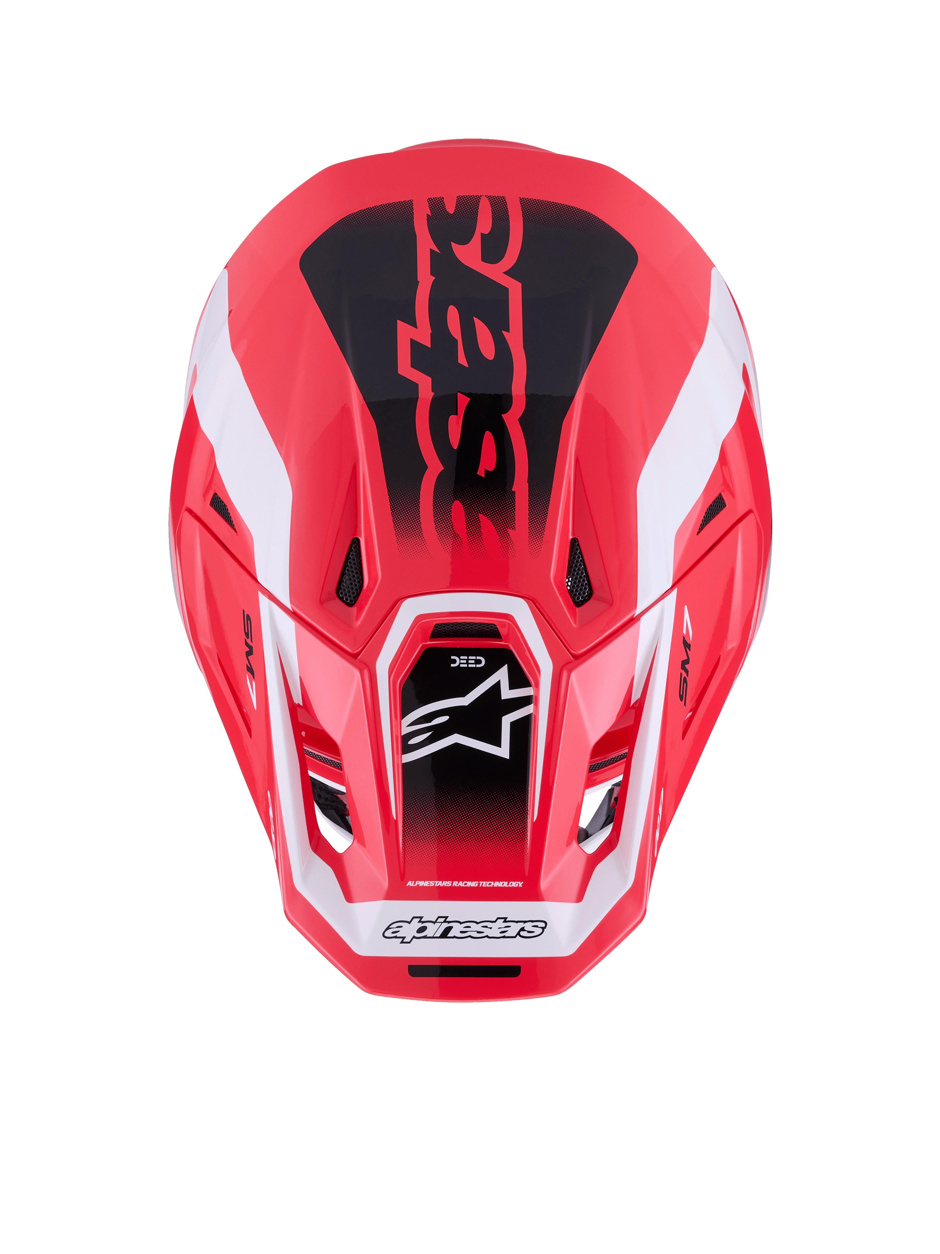 Casco Alpinestars S-M7 Deed, casco de motocross, rojo, negro y blanco brillante, vista superior que muestra la carcasa aerodinámica de material compuesto y los puertos de ventilación, con el logotipo de Astars y una marca llamativa, equipo profesional de competición off-road