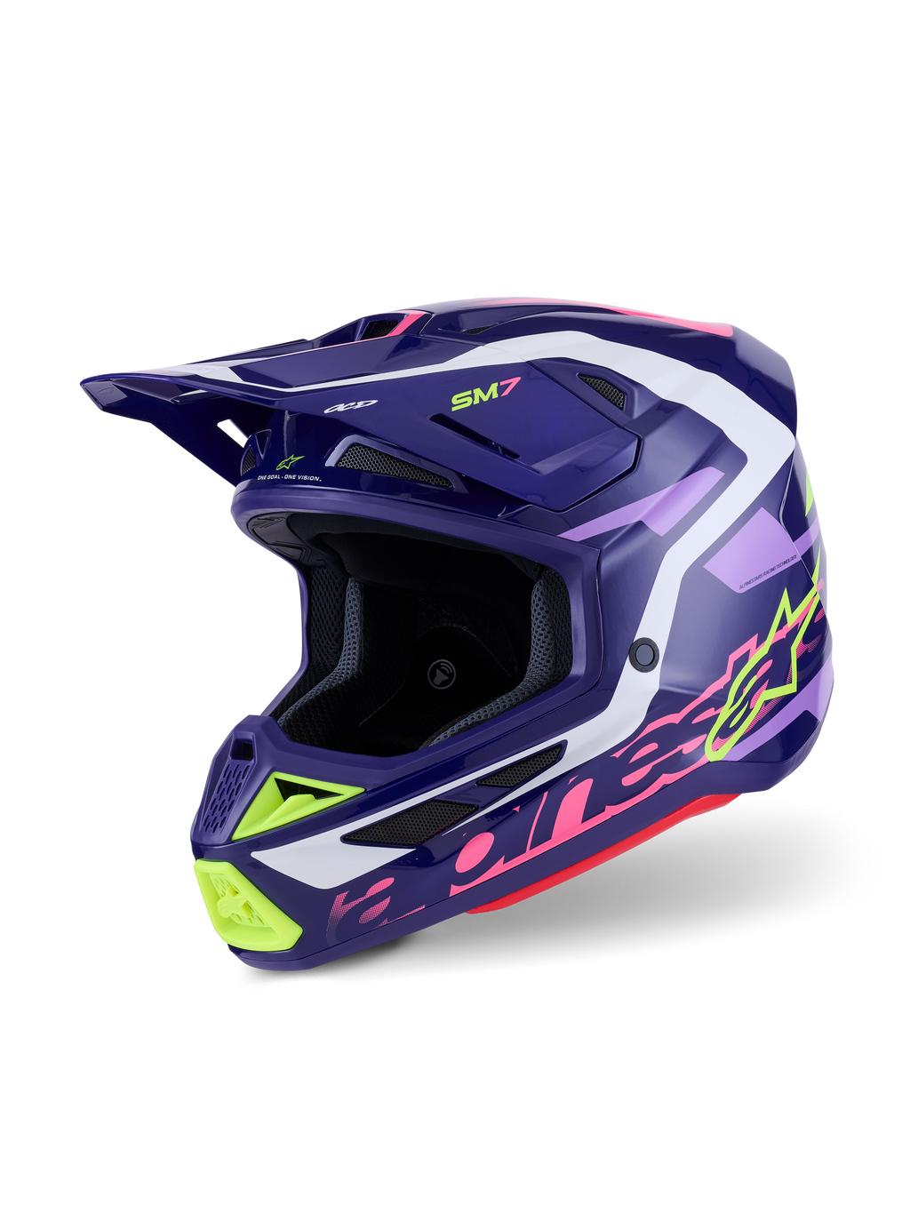 Casco Alpinestars S-M7 Deed, casco de motocross, Purple Pink Glossy, base púrpura oscuro con acentos en amarillo neón, rosa y blanco, diseño aerodinámico con puertos de ventilación integrados y visera prominente, protección de alto rendimiento para off-road