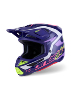 Casco Alpinestars S-M7 Deed, casco de motocross, Purple Pink Glossy, base púrpura oscuro con acentos en amarillo neón, rosa y blanco, diseño aerodinámico con puertos de ventilación integrados y visera prominente, protección de alto rendimiento para off-road