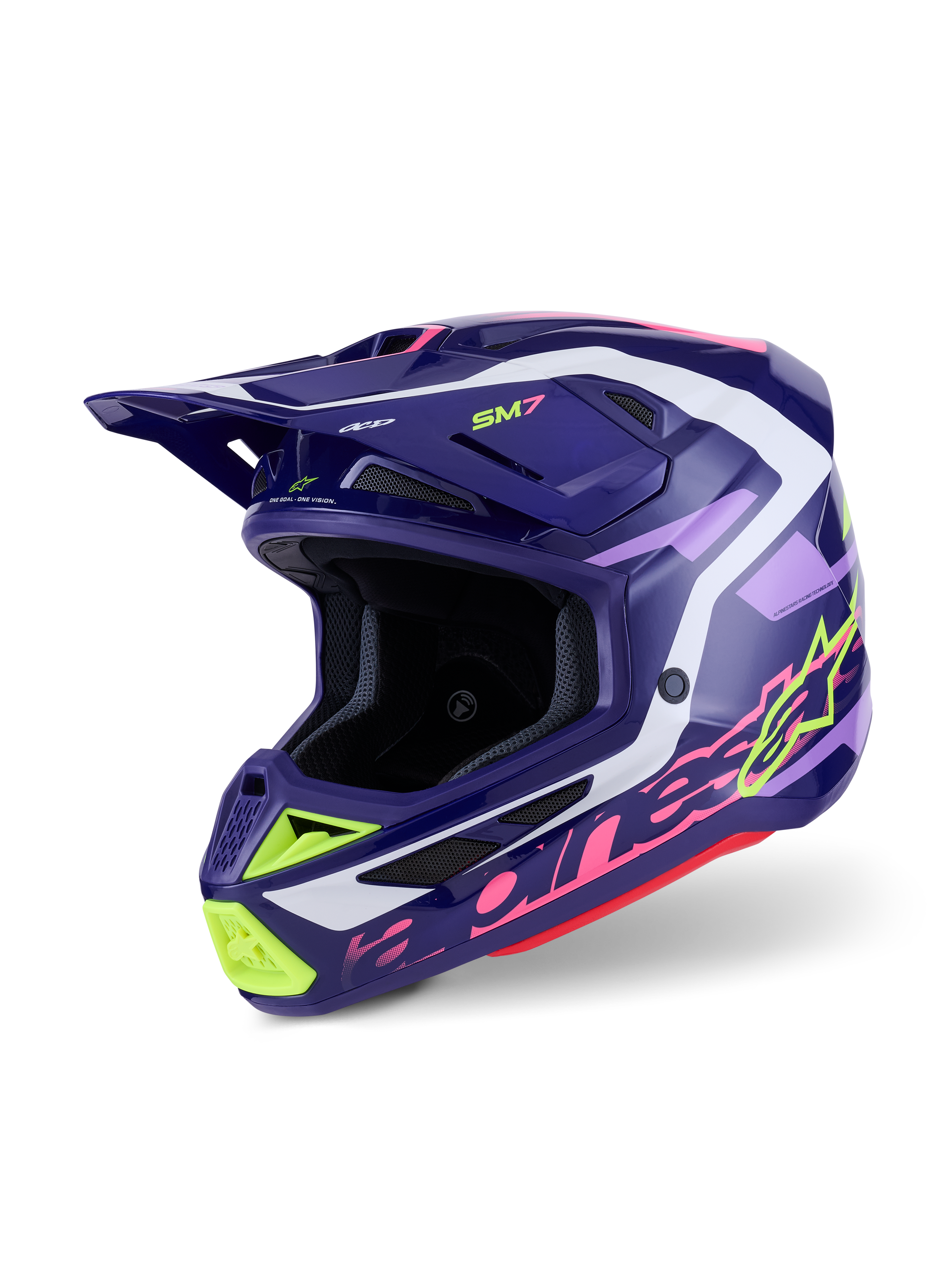 Casco Alpinestars S-M7 Deed, casco de motocross, Purple Pink Glossy, base púrpura oscuro con acentos en amarillo neón, rosa y blanco, diseño aerodinámico con puertos de ventilación integrados y visera prominente, protección de alto rendimiento para off-road