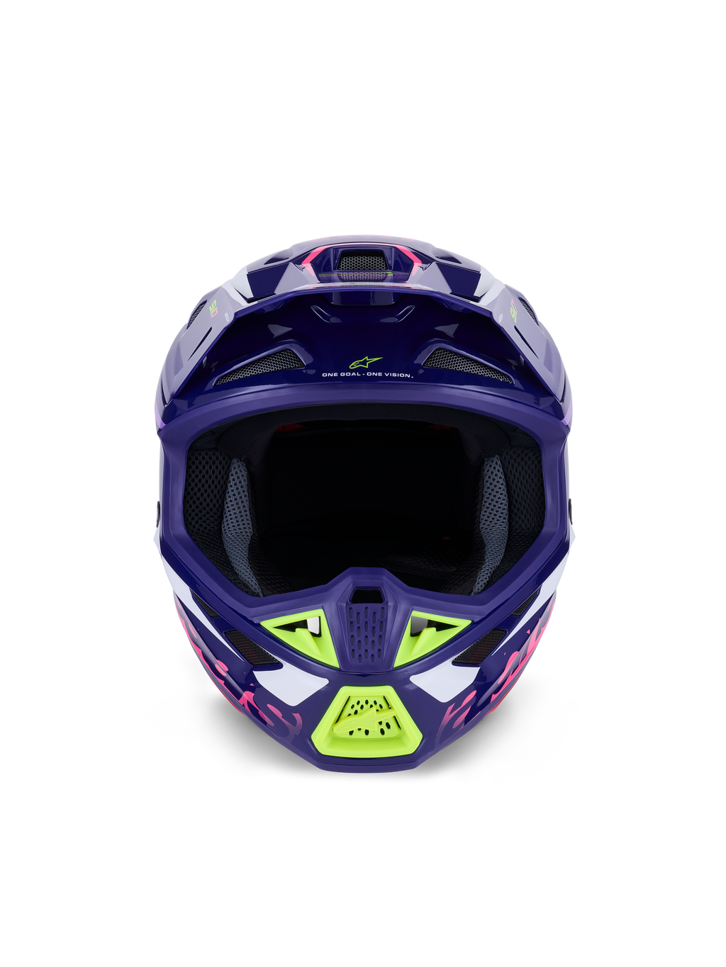 Alpinestars S-M7 Deed Helmet ECE 22.06, casco de motocross, púrpura y rosa brillante con detalles en verde lima y blanco, vista frontal que muestra el amplio puerto ocular y el sistema de ventilación, diseño de carcasa de composite aerodinámico para carreras off-road.