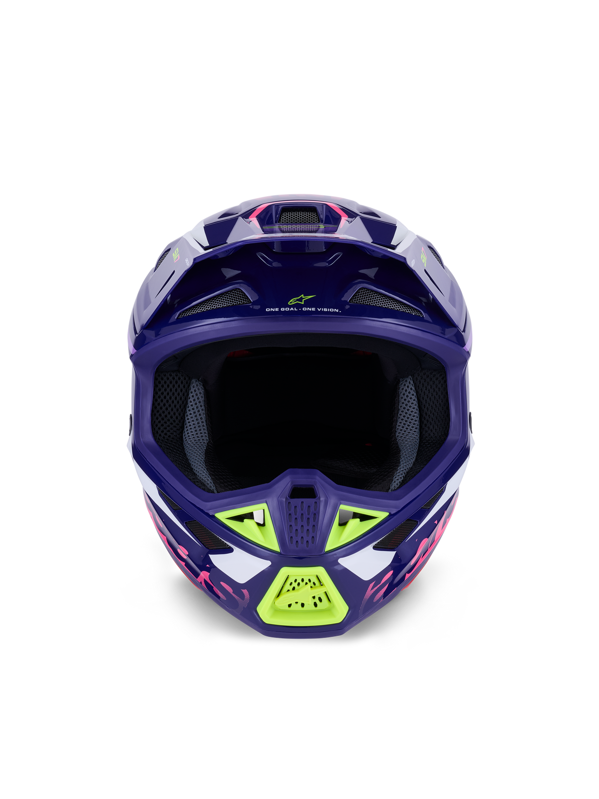 Alpinestars S-M7 Deed Helmet ECE 22.06, casco de motocross, púrpura y rosa brillante con detalles en verde lima y blanco, vista frontal que muestra el amplio puerto ocular y el sistema de ventilación, diseño de carcasa de composite aerodinámico para carreras off-road.