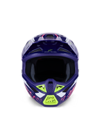 Alpinestars S-M7 Deed Helmet ECE 22.06, casco de motocross, púrpura y rosa brillante con detalles en verde lima y blanco, vista frontal que muestra el amplio puerto ocular y el sistema de ventilación, diseño de carcasa de composite aerodinámico para carreras off-road.