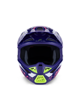 Alpinestars S-M7 Deed Helmet ECE 22.06, Motocross Helmet, Purple Pink Glossy with Lime Green and white accents, front view showing the wide eye port and ventilation system, aerodynamic composite shell design for off-road racing.
