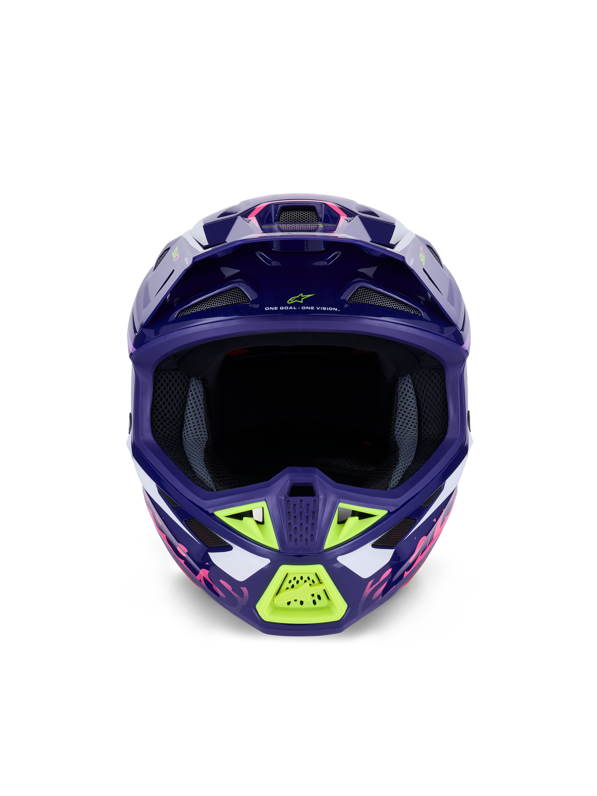 Alpinestars S-M7 Deed Helmet ECE 22.06, Motocross Helmet, Purple Pink Glossy with Lime Green and white accents, front view showing the wide eye port and ventilation system, aerodynamic composite shell design for off-road racing.