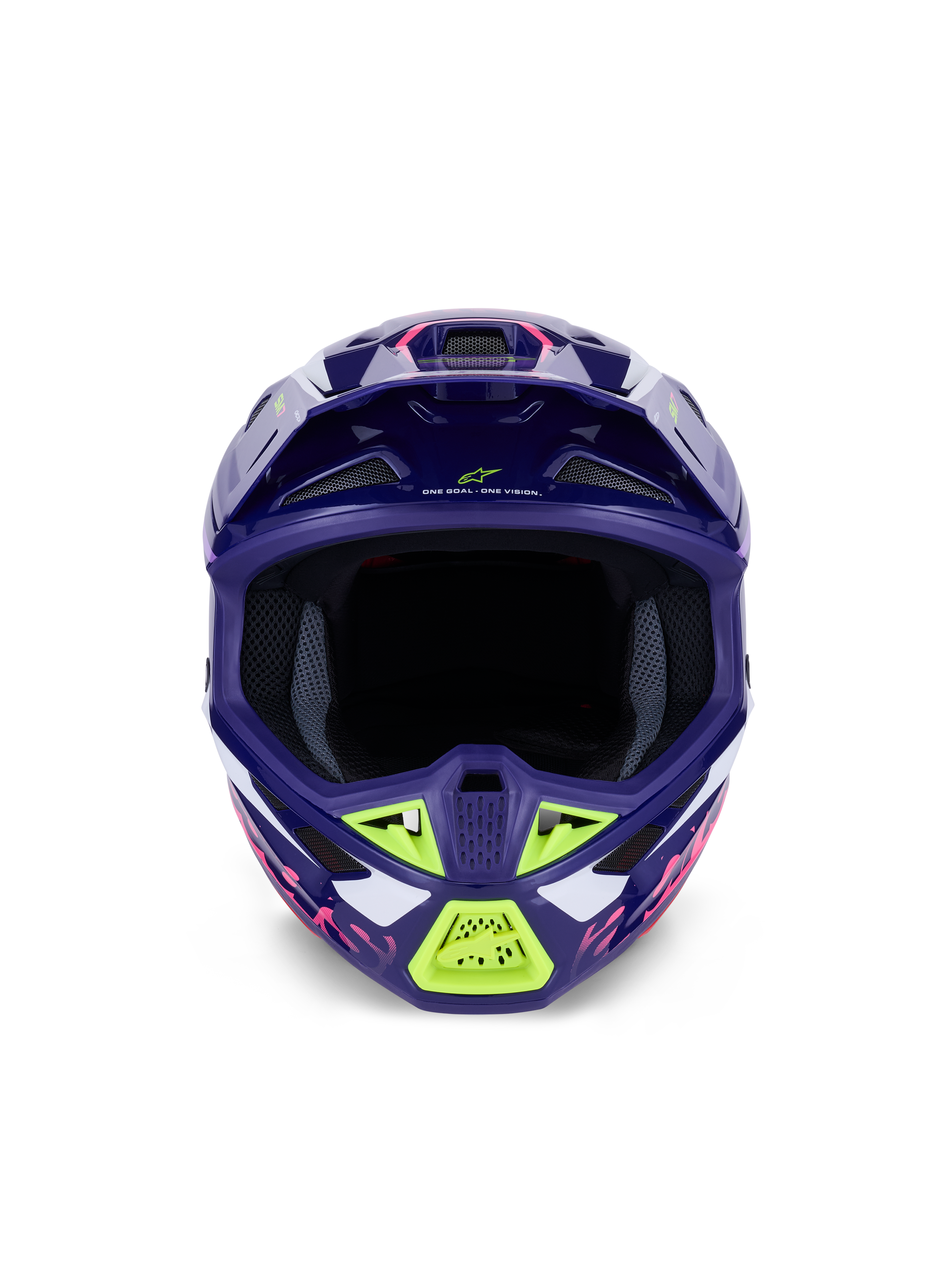 Alpinestars S-M7 Deed Helmet ECE 22.06, casco de motocross, púrpura y rosa brillante con detalles en verde lima y blanco, vista frontal que muestra el amplio puerto ocular y el sistema de ventilación, diseño de carcasa de composite aerodinámico para carreras off-road.