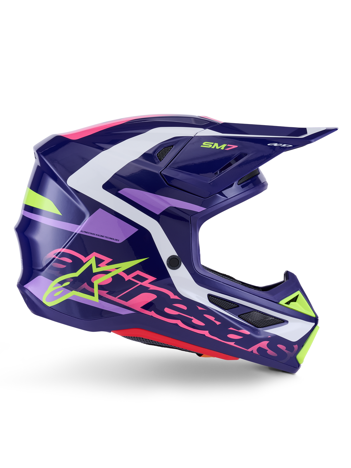 Alpinestars S-M7 Deed Helmet, Motocross Helmet, Purple Pink Glossy, side profile view, featuring white and lime green graphic accents, SM7 branding and bold Alpinestars logo, aerodynamic composite shell design for off-road racing