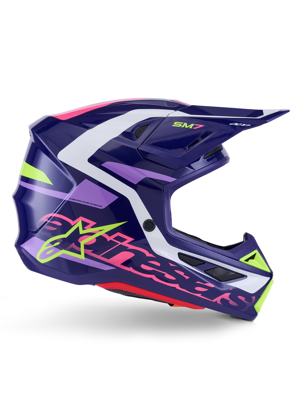 Casco Alpinestars S-M7 Deed, casco de motocross, púrpura y rosa brillante, vista de perfil lateral, con detalles gráficos en blanco y verde lima, marca SM7 y logotipo de Alpinestars, diseño de calota de composite aerodinámica para carreras off-road