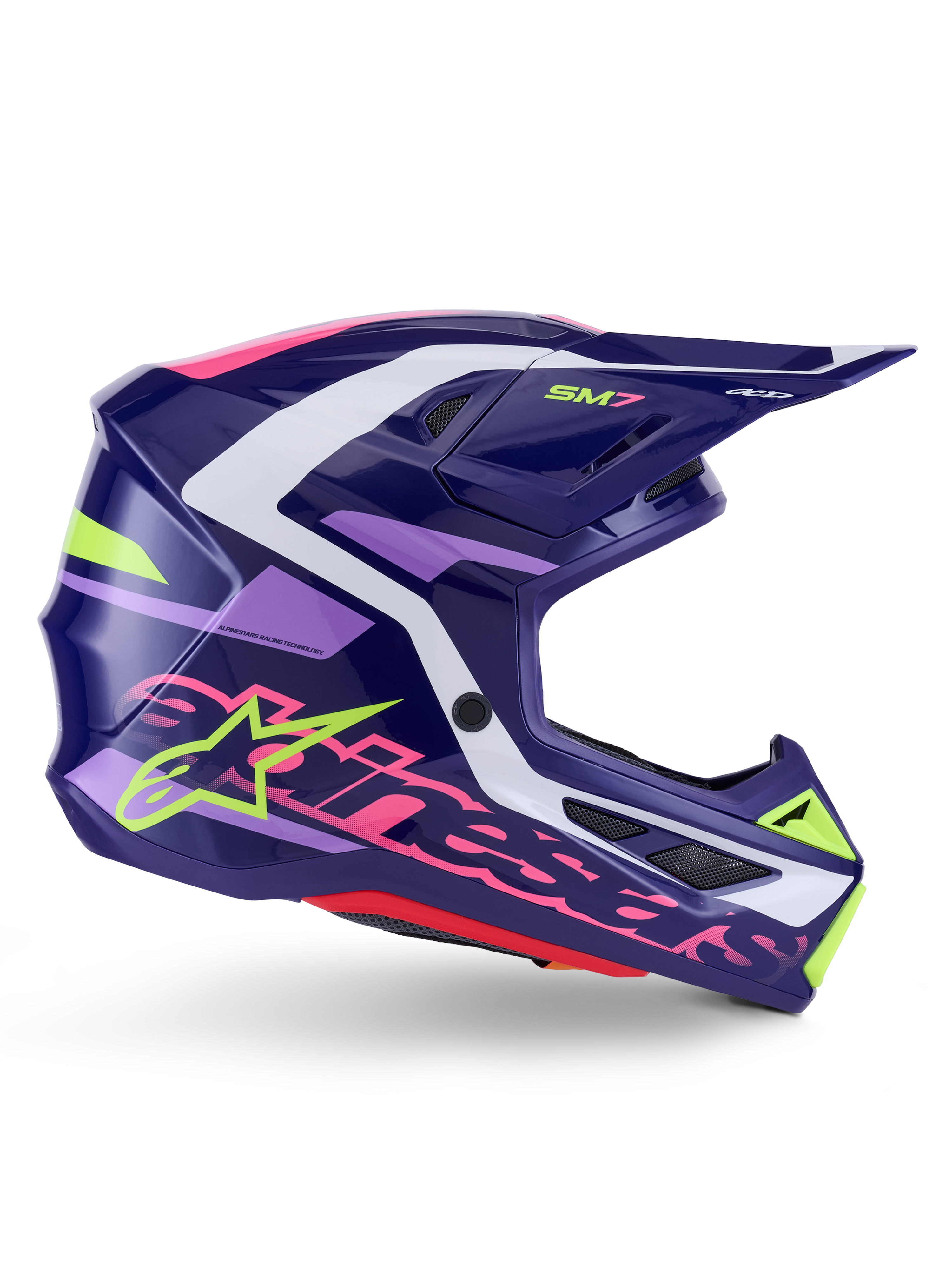 Casco Alpinestars S-M7 Deed, casco de motocross, púrpura y rosa brillante, vista de perfil lateral, con detalles gráficos en blanco y verde lima, marca SM7 y logotipo de Alpinestars, diseño de calota de composite aerodinámica para carreras off-road