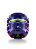 Casco Alpinestars S-M7 Deed ECE 22.06, casco de motocross, vista posterior en morado y rosa brillante, con gráficos en amarillo neón y rosa, calota de composite aerodinámica con logotipos SM7 y marcas de certificación, equipamiento de alto rendimiento para carreras off-road
