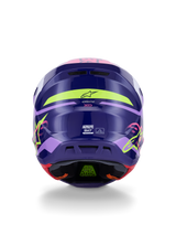 Alpinestars S-M7 Deed Helmet ECE 22.06, Motocross Helmet, Rear view in Purple Pink Glossy, featuring neon yellow and pink graphics, aerodynamic composite shell with SM7 branding and certification markings, high-performance off-road racing gear