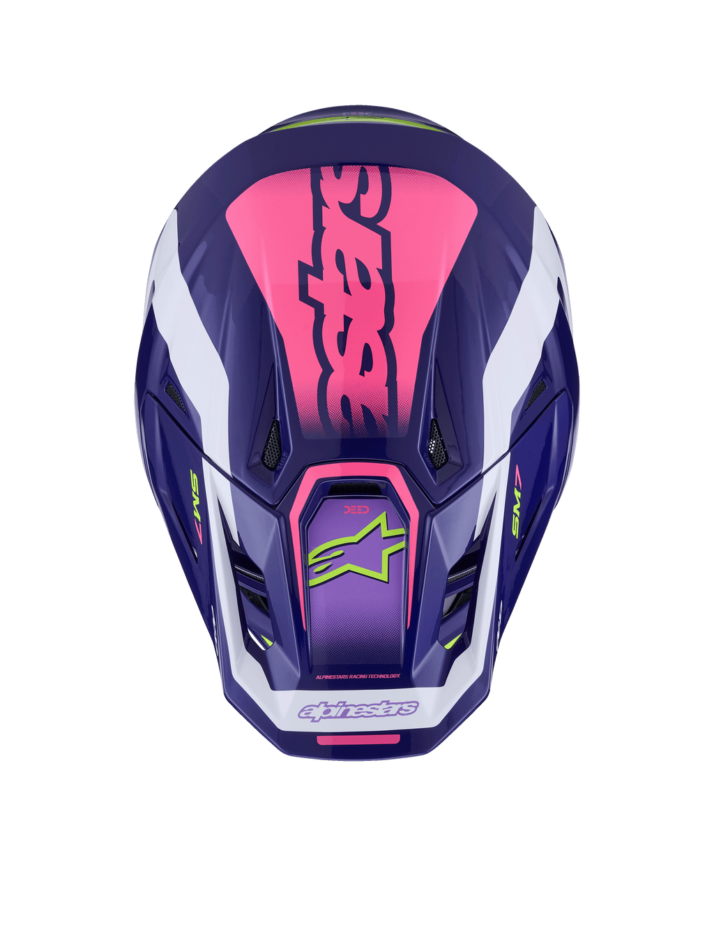 Casco Alpinestars S-M7 Deed, vista superior, color púrpura y rosa brillante, logotipo rosa llamativo en la parte superior, detalles blancos, logotipos en verde lima, puertos de ventilación, acabado brillante, protección de motocross de alto rendimiento