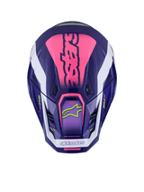 Alpinestars S-M7 Deed Helmet, Top View, Purple Pink Glossy, bold pink branding on top, white accents, lime green logos, ventilation ports, glossy finish, high-performance motocross protection
