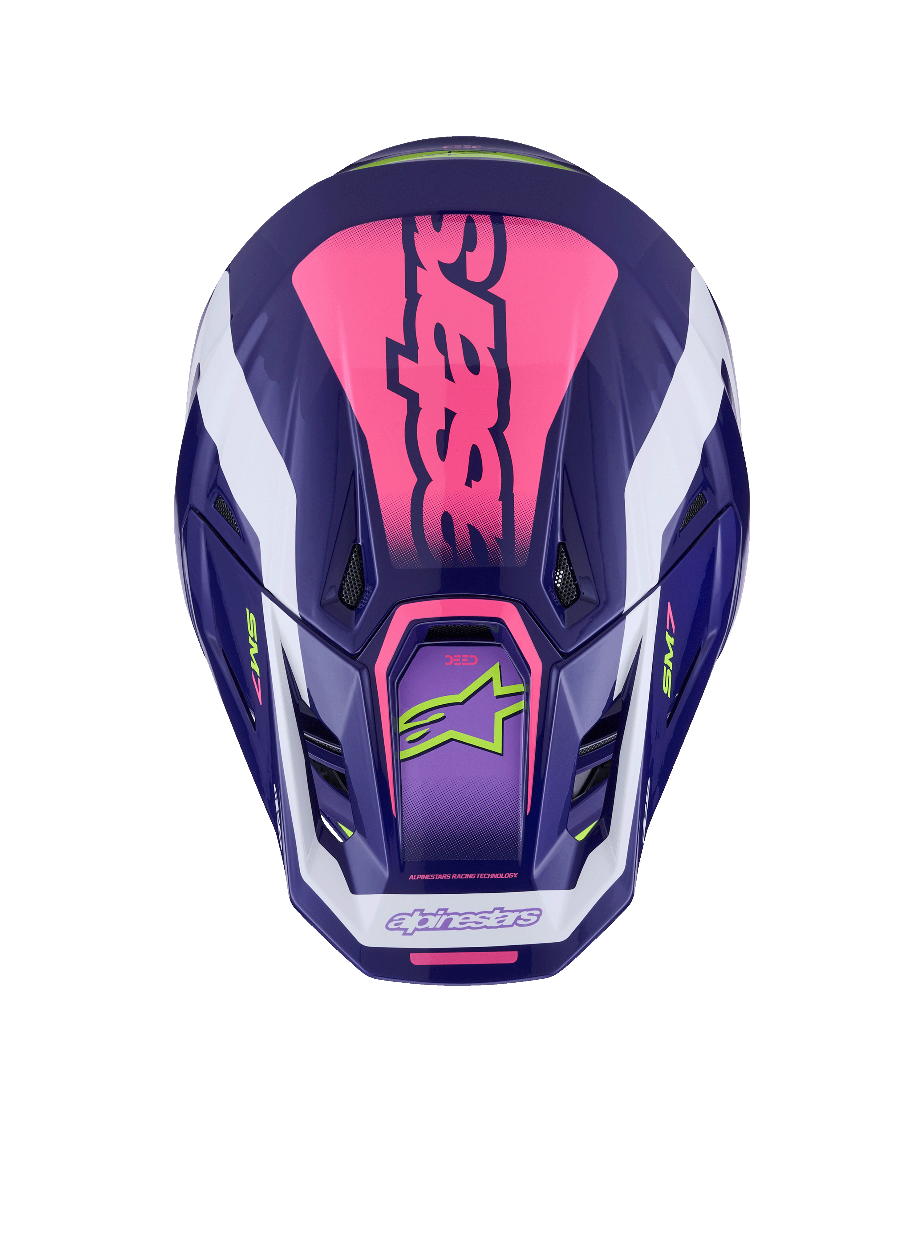Casco Alpinestars S-M7 Deed, vista superior, color púrpura y rosa brillante, logotipo rosa llamativo en la parte superior, detalles blancos, logotipos en verde lima, puertos de ventilación, acabado brillante, protección de motocross de alto rendimiento