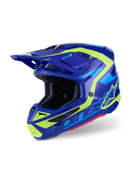 Casco Alpinestars S-M7 Deed, casco de motocross, azul y amarillo flúor brillante, diseño aerodinámico con múltiples entradas de aire, con logotipos destacados de Alpinestars y el logo SM7, protección profesional para carreras off-road