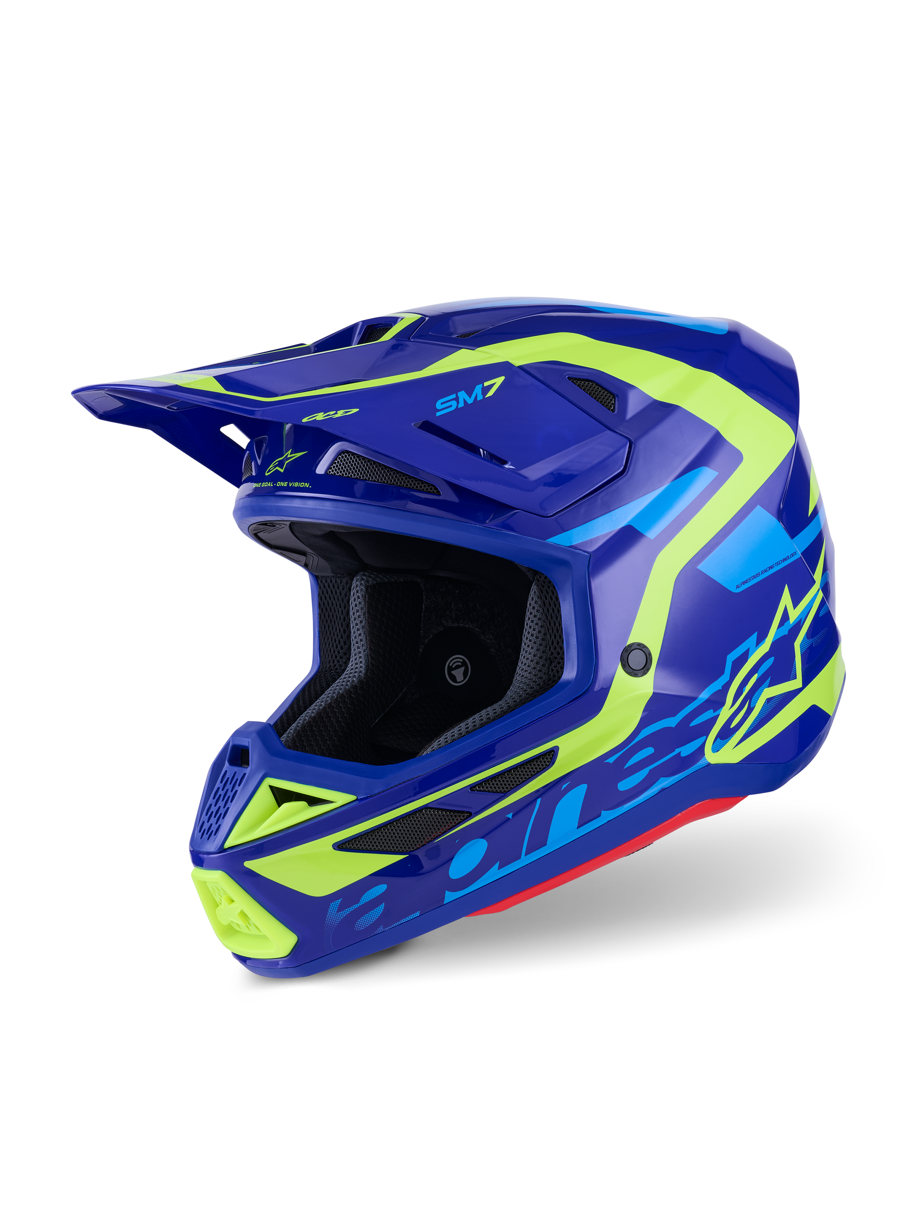 Casco Alpinestars S-M7 Deed, casco de motocross, azul y amarillo flúor brillante, diseño aerodinámico con múltiples entradas de aire, con logotipos destacados de Alpinestars y el logo SM7, protección profesional para carreras off-road