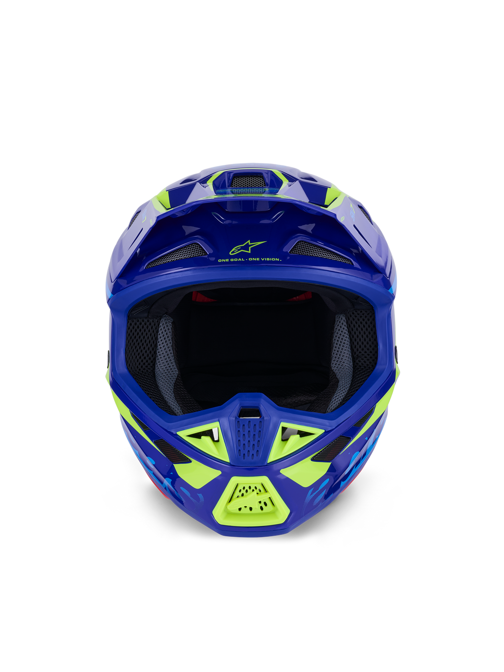 Casco Alpinestars S-M7 Deed, casco de motocross, azul y amarillo flúor brillante, vista frontal que destaca la amplia apertura para las gafas y múltiples entradas de aire cubiertas de malla, calota aerodinámica con detalles en amarillo neón y logotipos de Alpinestars, protección profesional para la cabeza en carreras off-road
