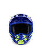 Casco Alpinestars S-M7 Deed, casco de motocross, azul y amarillo flúor brillante, vista frontal que destaca la amplia apertura para las gafas y múltiples entradas de aire cubiertas de malla, calota aerodinámica con detalles en amarillo neón y logotipos de Alpinestars, protección profesional para la cabeza en carreras off-road