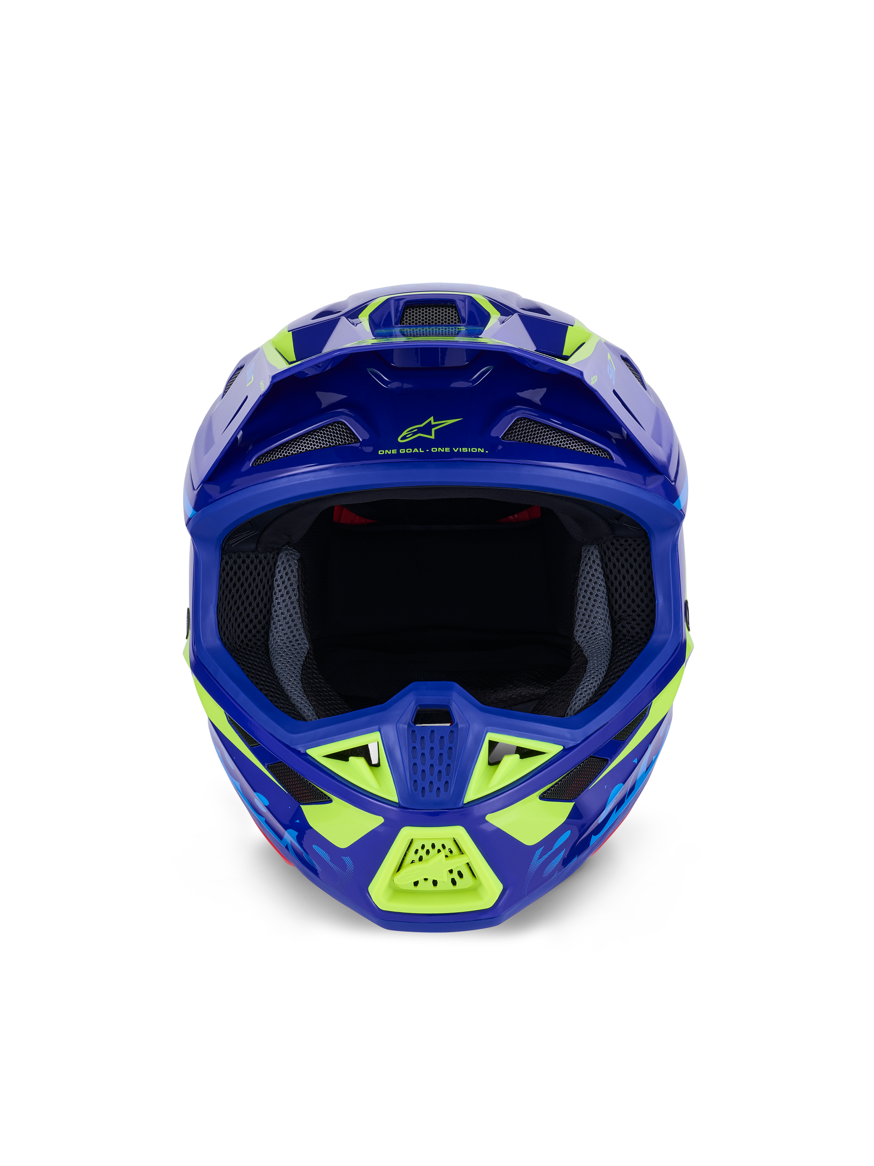 Casco Alpinestars S-M7 Deed, casco de motocross, azul y amarillo flúor brillante, vista frontal que destaca la amplia apertura para las gafas y múltiples entradas de aire cubiertas de malla, calota aerodinámica con detalles en amarillo neón y logotipos de Alpinestars, protección profesional para la cabeza en carreras off-road