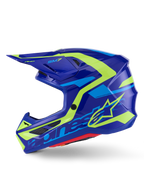 Casco Alpinestars S-M7 Deed, casco de motocross, azul y amarillo flúor brillante, vista lateral, carcasa de compuesto aerodinámico estilizada con gráficos vibrantes en amarillo y azul claro, con puertos de ventilación cubiertos de malla y visera para rendimiento todoterreno