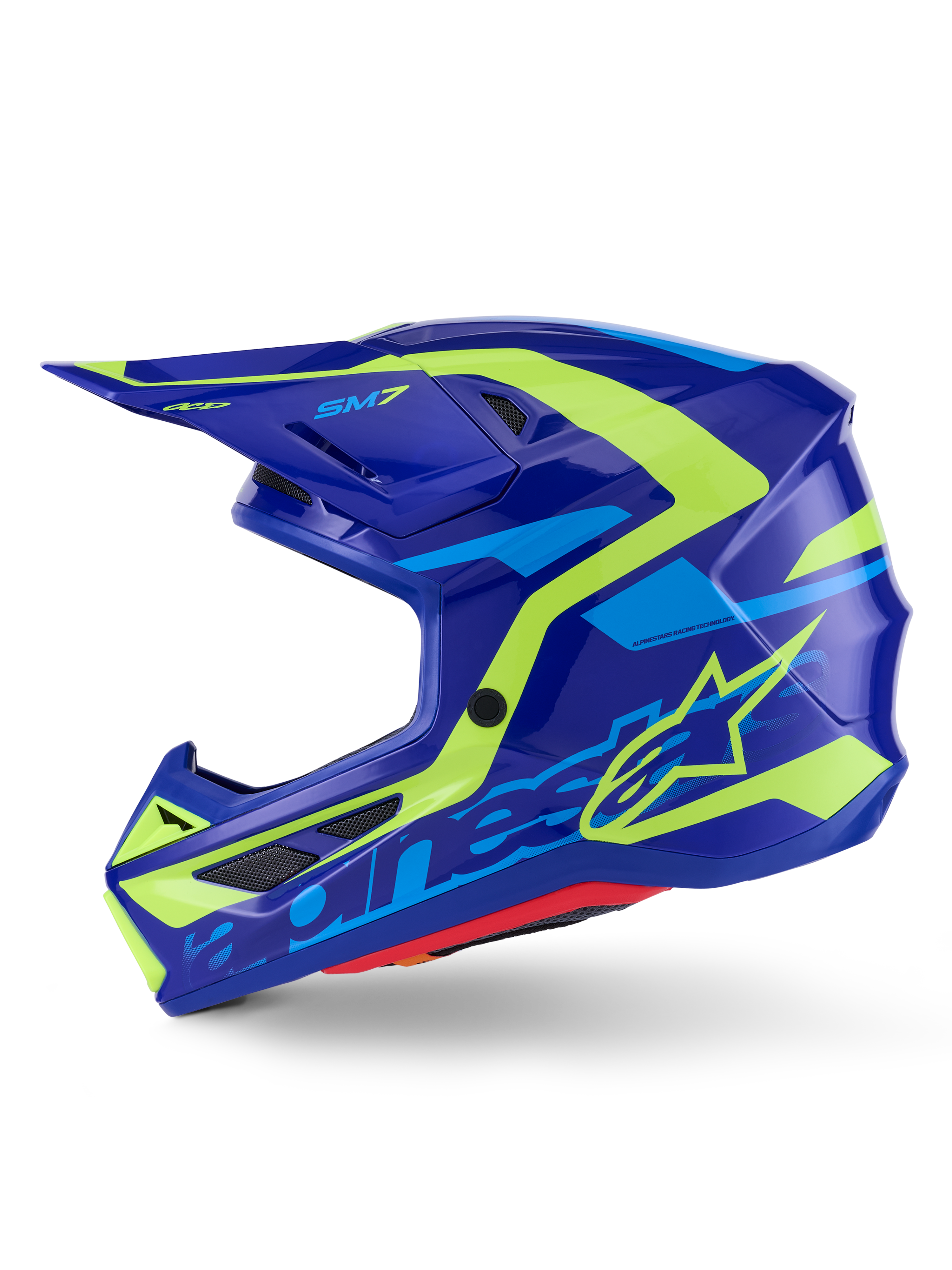 Casco Alpinestars S-M7 Deed, casco de motocross, azul y amarillo flúor brillante, vista lateral, carcasa de compuesto aerodinámico estilizada con gráficos vibrantes en amarillo y azul claro, con puertos de ventilación cubiertos de malla y visera para rendimiento todoterreno