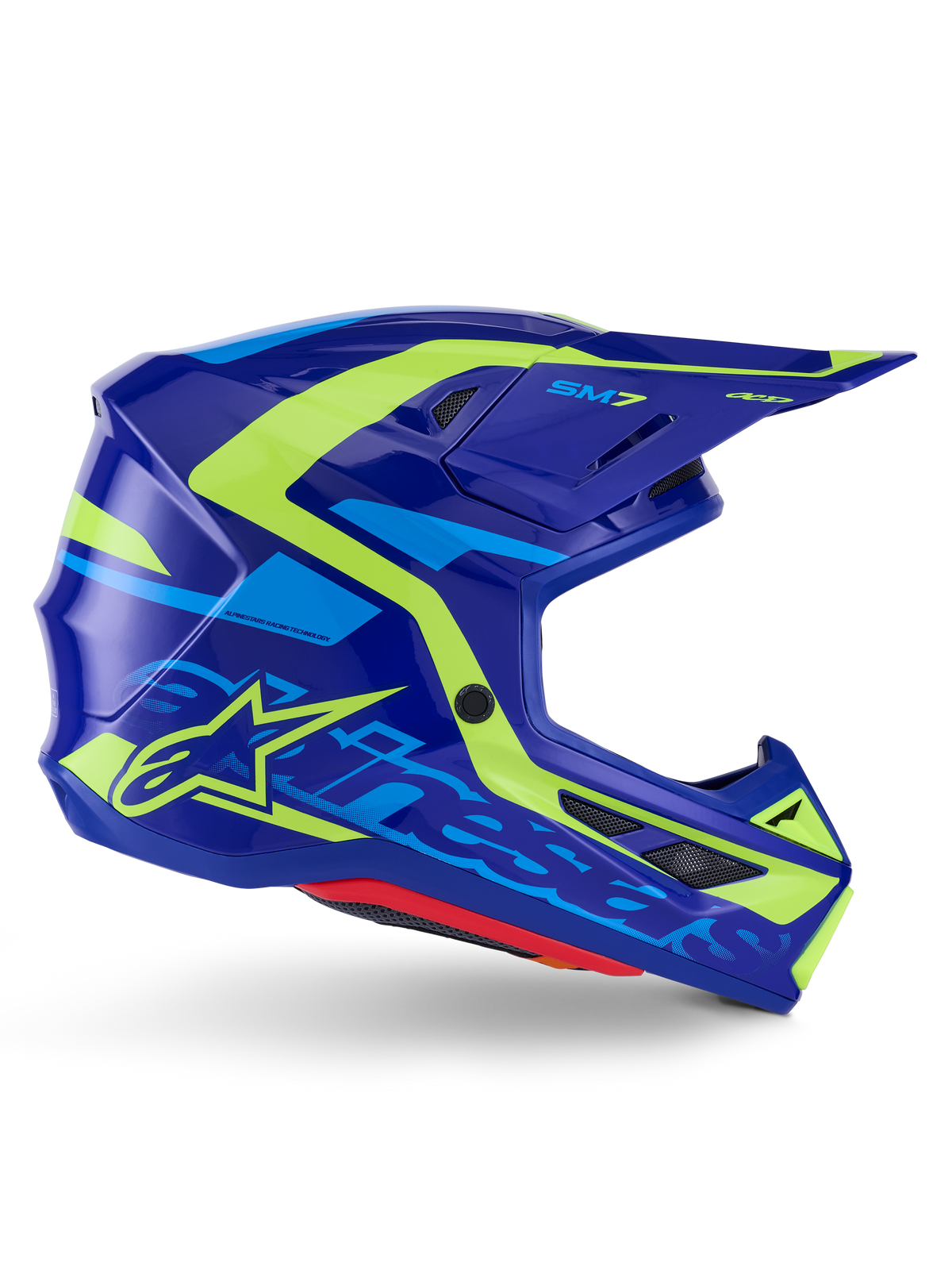 Alpinestars S-M7 Deed Helmet ECE 22.06, casco de motocross, azul y amarillo flúor brillante, vista de perfil lateral con carcasa aerodinámica y logotipo de Alpinestars, detalles gráficos en amarillo y azul claro, múltiples puertos de ventilación y diseño de visera integrada para competición off-road de élite.