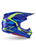 Alpinestars S-M7 Deed Helmet ECE 22.06, casco de motocross, azul y amarillo flúor brillante, vista de perfil lateral con carcasa aerodinámica y logotipo de Alpinestars, detalles gráficos en amarillo y azul claro, múltiples puertos de ventilación y diseño de visera integrada para competición off-road de élite.