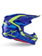 Alpinestars S-M7 Deed Helmet ECE 22.06, casco de motocross, azul y amarillo flúor brillante, vista de perfil lateral con carcasa aerodinámica y logotipo de Alpinestars, detalles gráficos en amarillo y azul claro, múltiples puertos de ventilación y diseño de visera integrada para competición off-road de élite.