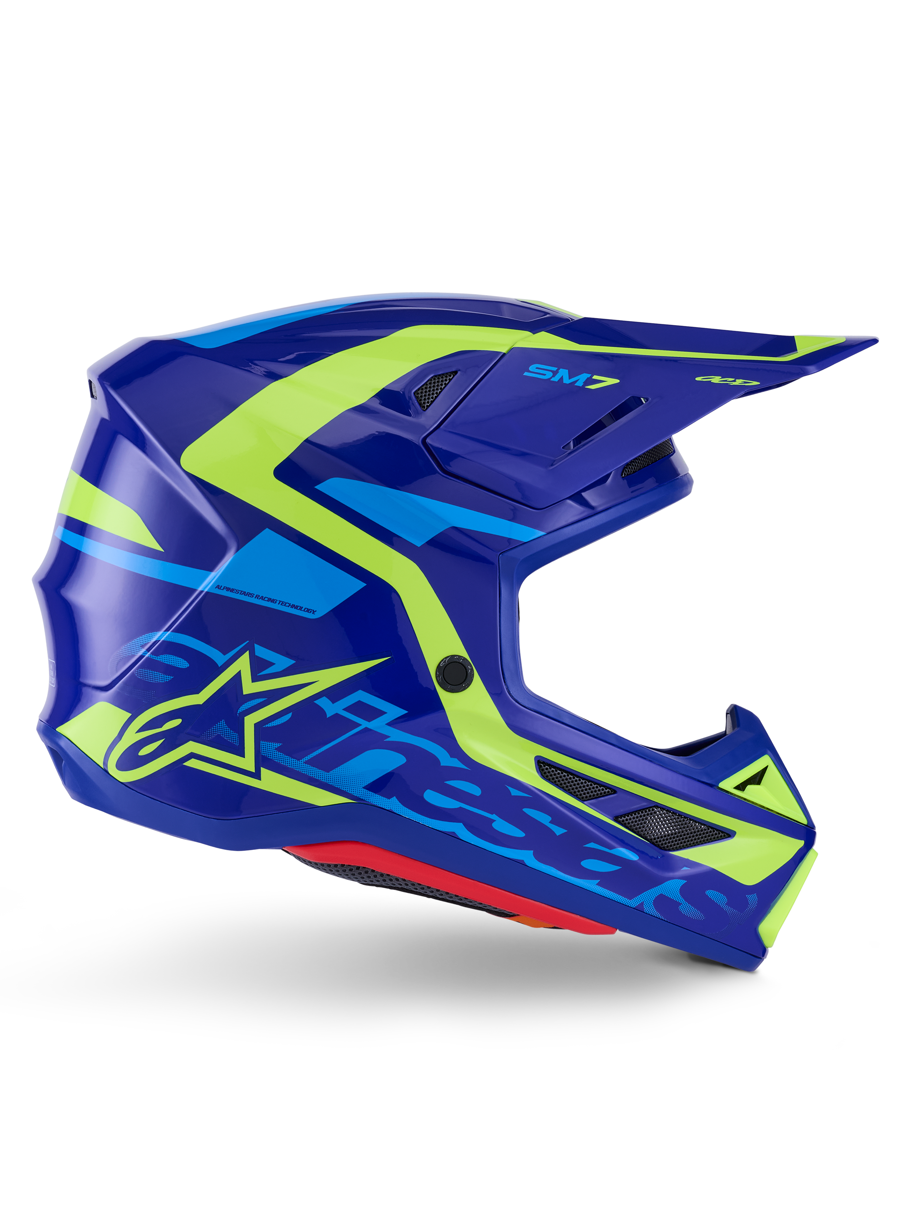 Alpinestars S-M7 Deed Helmet ECE 22.06, casco de motocross, azul y amarillo flúor brillante, vista de perfil lateral con carcasa aerodinámica y logotipo de Alpinestars, detalles gráficos en amarillo y azul claro, múltiples puertos de ventilación y diseño de visera integrada para competición off-road de élite.
