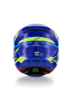Casco Alpinestars S-M7 Deed ECE 22.06, casco de motocross, vista trasera, azul y amarillo flúor brillante, con gráficos llamativos en amarillo flúor y logotipos de estrellas, puertos de escape traseros y acolchado interno visible con tecnología PLASMA verde.