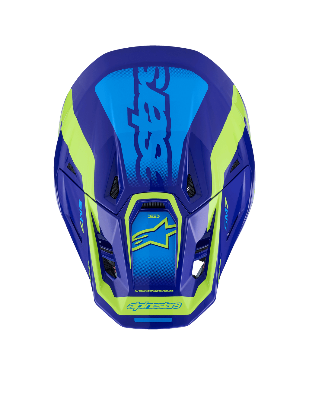 Casco Alpinestars S-M7 Deed, casco de motocross, azul y amarillo flúor brillante, vista superior que muestra la carcasa aerodinámica, los puertos de ventilación y el distintivo logotipo en amarillo flúor sobre un acabado en azul profundo.