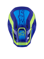 Casco Alpinestars S-M7 Deed, casco de motocross, azul y amarillo flúor brillante, vista superior que muestra la carcasa aerodinámica, los puertos de ventilación y el distintivo logotipo en amarillo flúor sobre un acabado en azul profundo.