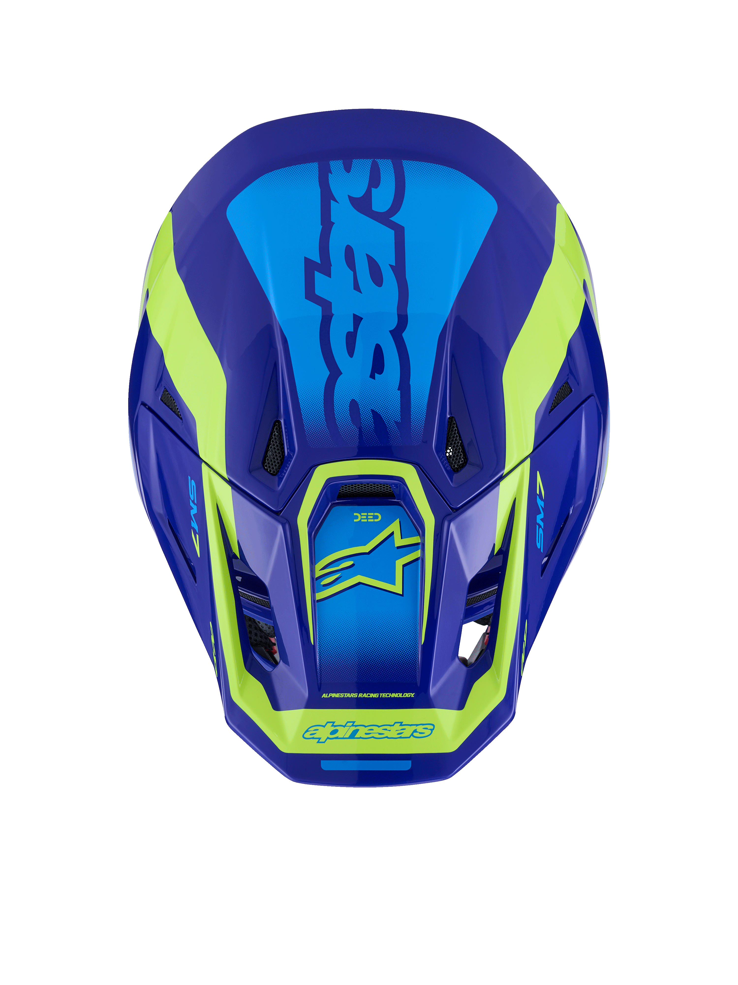 Casco Alpinestars S-M7 Deed, casco de motocross, azul y amarillo flúor brillante, vista superior que muestra la carcasa aerodinámica, los puertos de ventilación y el distintivo logotipo en amarillo flúor sobre un acabado en azul profundo.