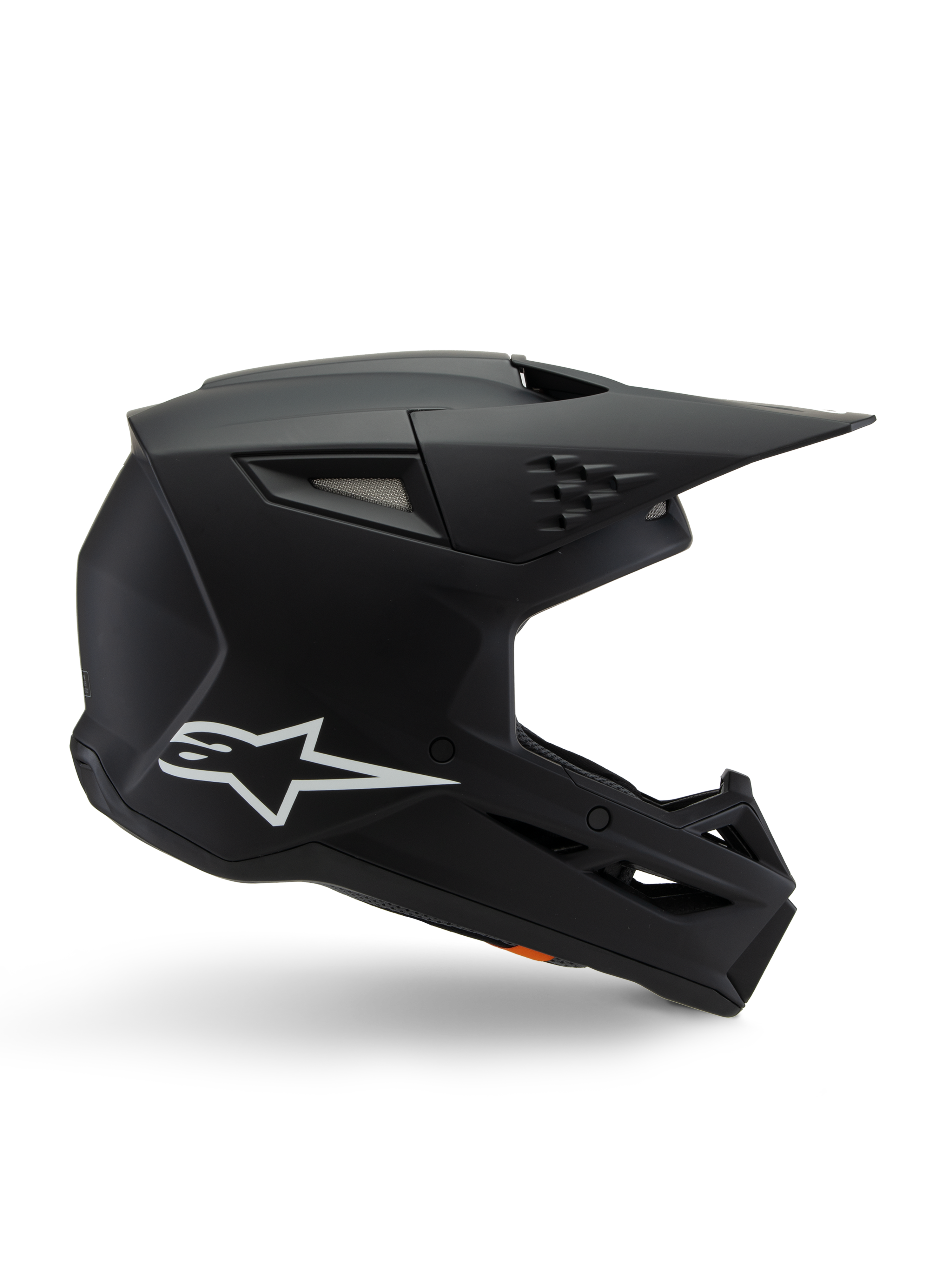 Alpinestars S-M3 Youth Solid Helmet, Motocross Helmet, Matte Black with White Star Logo, side profile view featuring an angular design, long visor, and integrated ventilation ports, ECE 22.06 certified