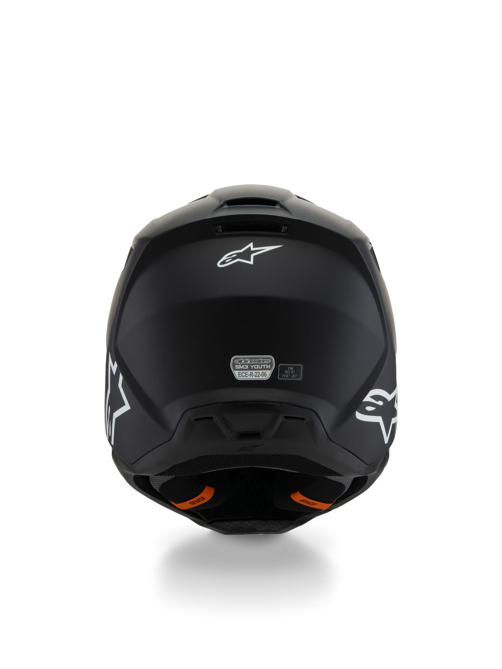 Alpinestars S-M3 Youth Solid Helmet ECE 22.06, Motocross Helmet, Matte Black, rear view showing white star logos and ECE certification sticker, orange Emergency Release System tabs, streamlined protective shell for youth riders