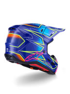 Alpinestars S-M7 Cast Helmet, Motocross Helmet, Blue Pink and Yellow Fluo Glossy, rear three-quarter view showing aerodynamic shell with bold angular graphics, pink Astar logo, and integrated ventilation ports for off-road racing