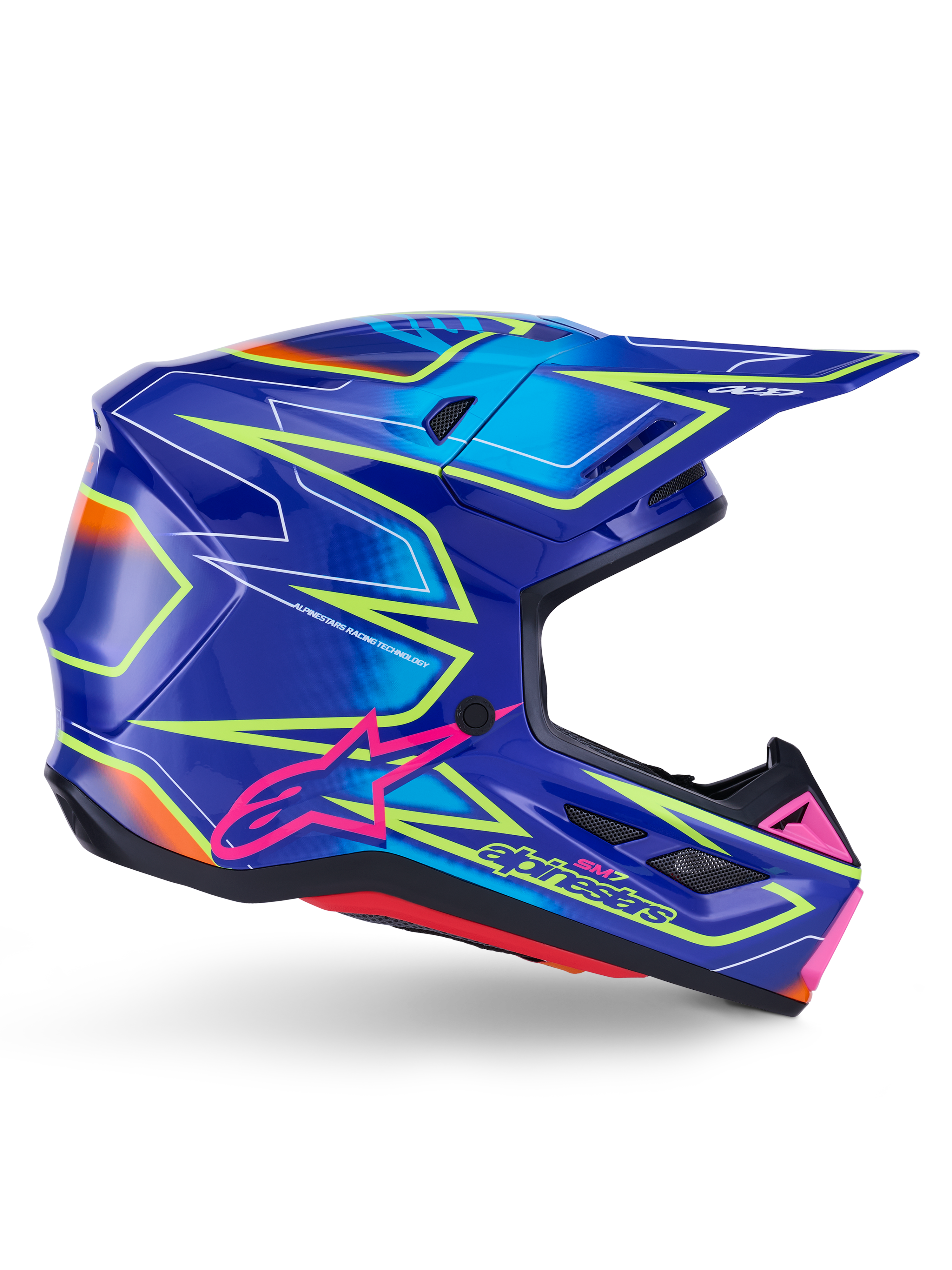 Alpinestars S-M7 Cast Helmet, Motocross Helmet, Blue Pink and Yellow Fluo Glossy, side profile view featuring bold geometric patterns, pink Alpinestars logo, and ventilated aerodynamic shell.